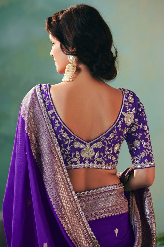 Royal Purple Silk Saree Golden Zari Embroidery Designer Blouse