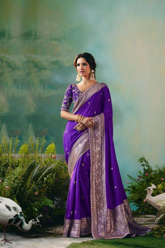 Royal Purple Silk Saree Golden Zari Embroidery Designer Blouse