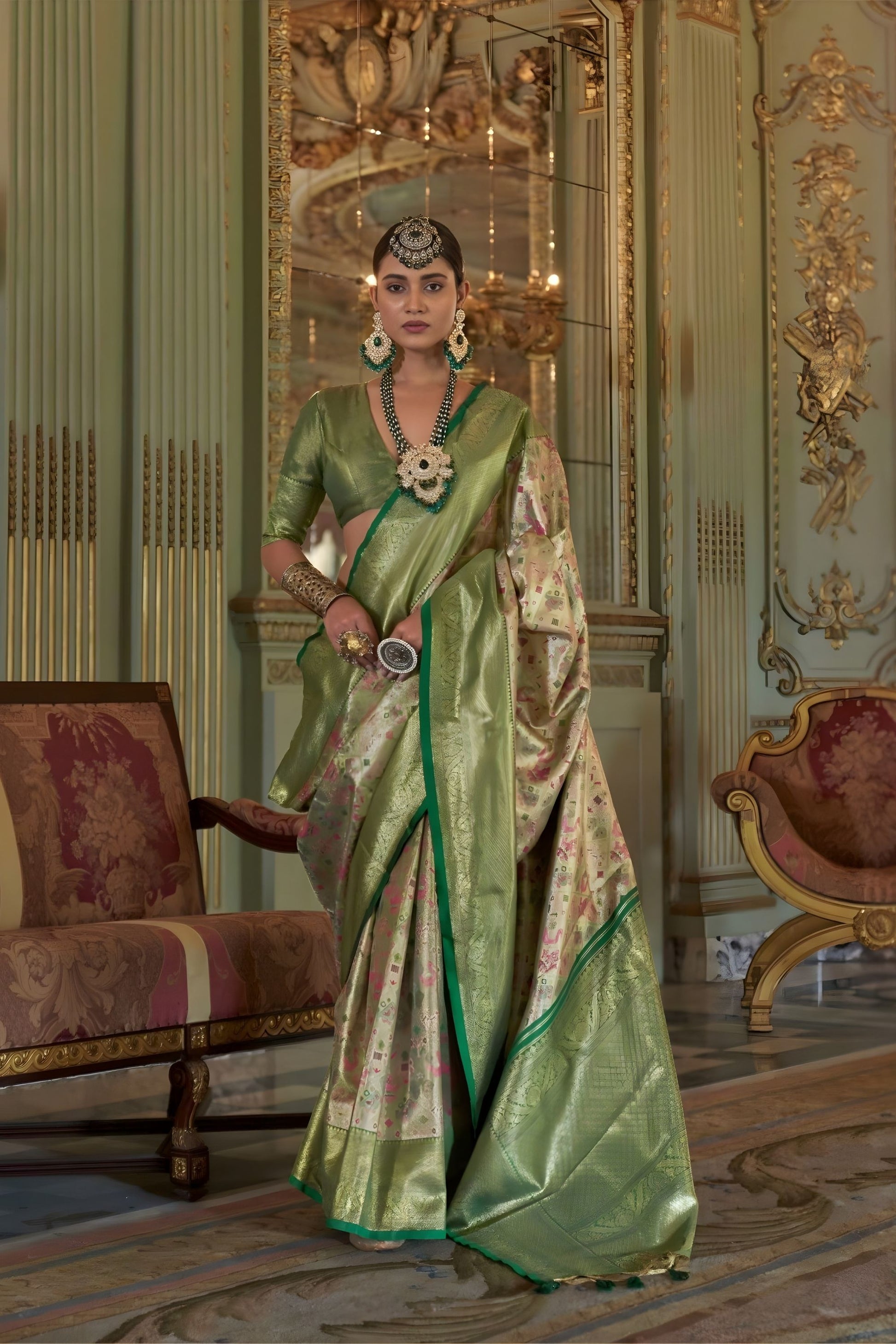 Green Silk Banarasi Saree with Floral Zari Weaving Contrast Border 