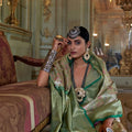 Green Silk Banarasi Saree with Floral Zari Weaving Contrast Border
