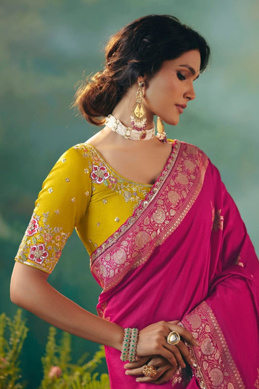 Traditional Pink Yellow Embroidered Saree Festive Wear