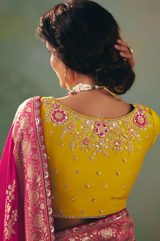Traditional Pink Yellow Embroidered Saree Festive Wear