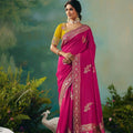  Traditional Pink Yellow Embroidered Saree Festive Wear