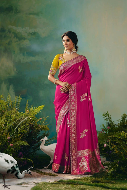  Traditional Pink Yellow Embroidered Saree Festive Wear