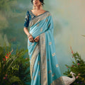 Sky Blue Embroidered Silk Saree Designer Blouse 