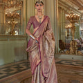  Rose Pink Banarasi Silk Saree Zari Butta Weaving Contrast Border 