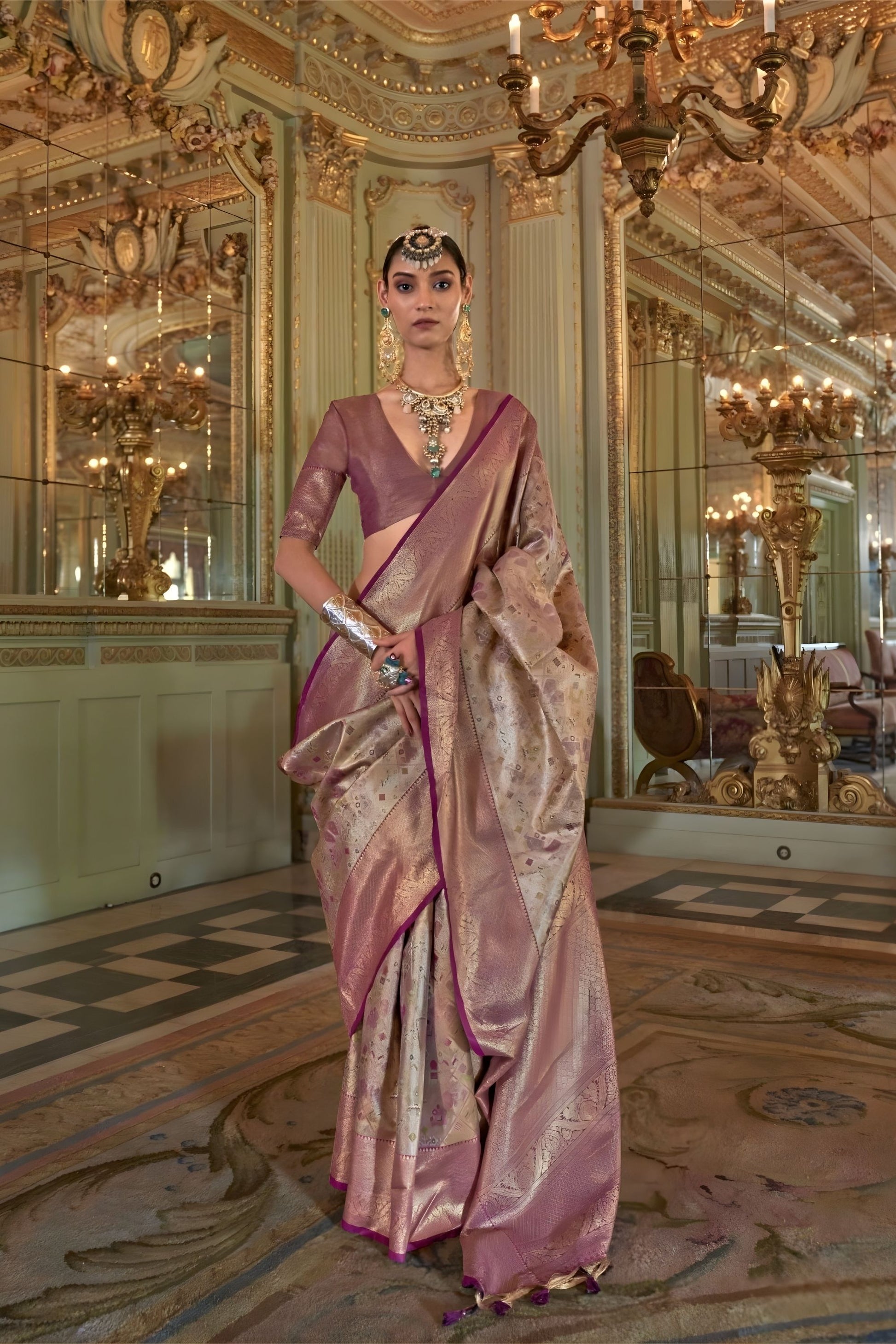  Rose Pink Banarasi Silk Saree Zari Butta Weaving Contrast Border 