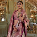 Rose Pink Banarasi Silk Saree Zari Butta Weaving Contrast Border