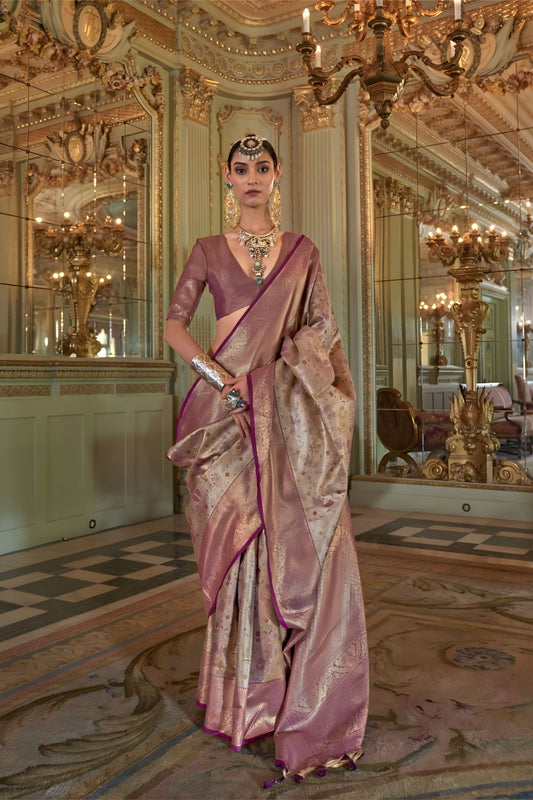  Rose Pink Banarasi Silk Saree Zari Butta Weaving Contrast Border 
