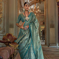 Teal Blue Banarasi Silk Saree with Floral Zari Weaving Rich Border 