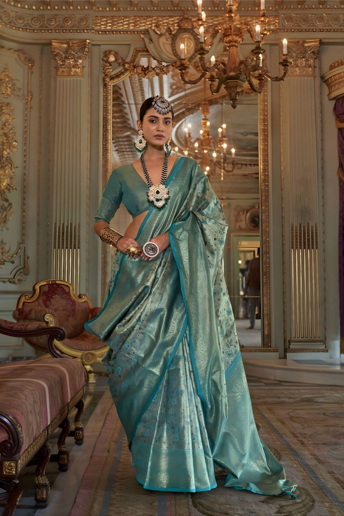 Teal Blue Banarasi Silk Saree with Floral Zari Weaving Rich Border 