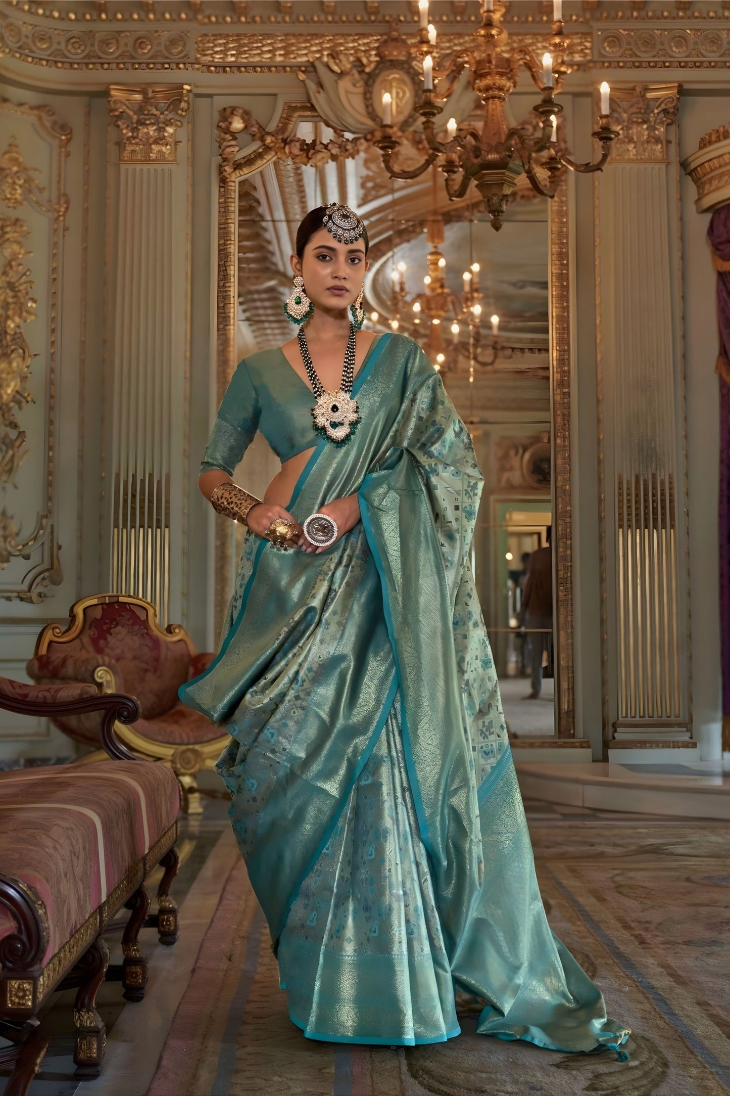 Teal Blue Banarasi Silk Saree with Floral Zari Weaving Rich Border 