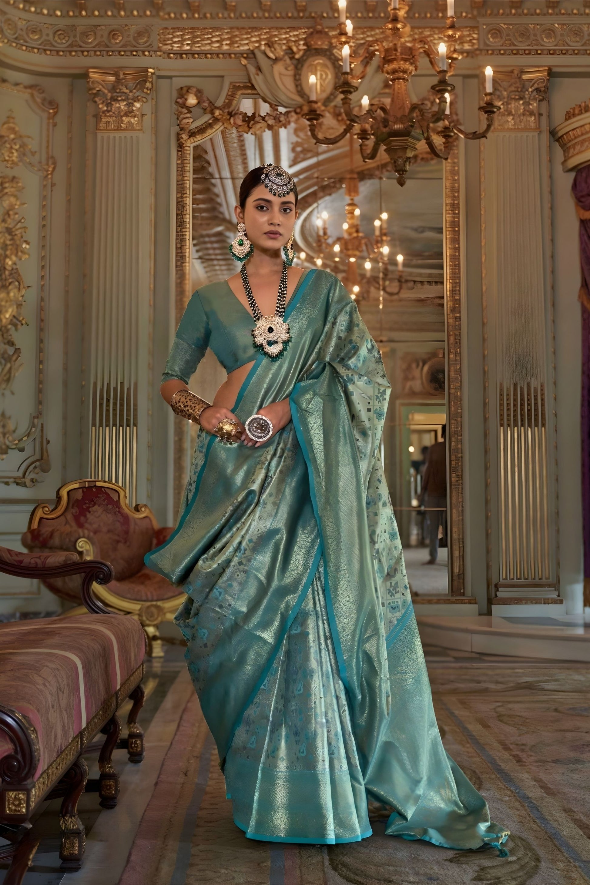 Teal Blue Banarasi Silk Saree with Floral Zari Weaving Rich Border 