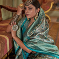 Teal Blue Banarasi Silk Saree with Floral Zari Weaving Rich Border