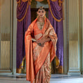 Peach Orange Banarasi Silk Saree Floral Zari Weaving Rich Contrast Border