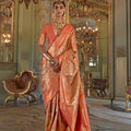 Peach Orange Banarasi Silk Saree Floral Zari Weaving Rich Contrast Border 