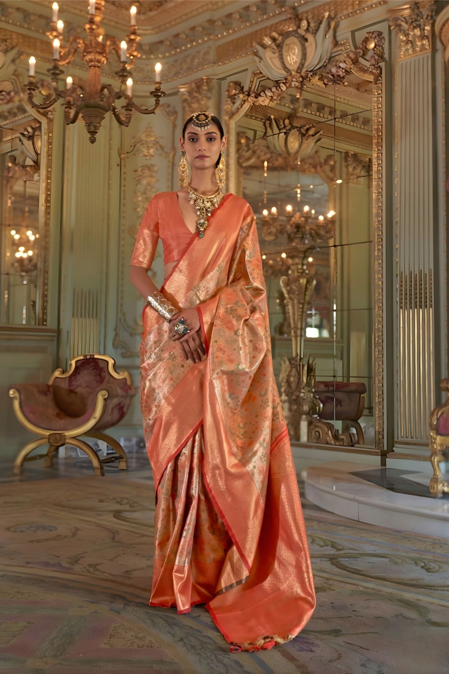 Peach Orange Banarasi Silk Saree Floral Zari Weaving Rich Contrast Border 
