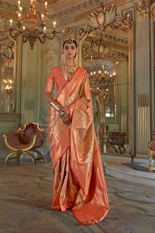 Peach Orange Banarasi Silk Saree Floral Zari Weaving Rich Contrast Border 