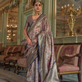 Grey Lavender Banarasi Silk Saree Floral Zari Weaving Royal Blue Border 
