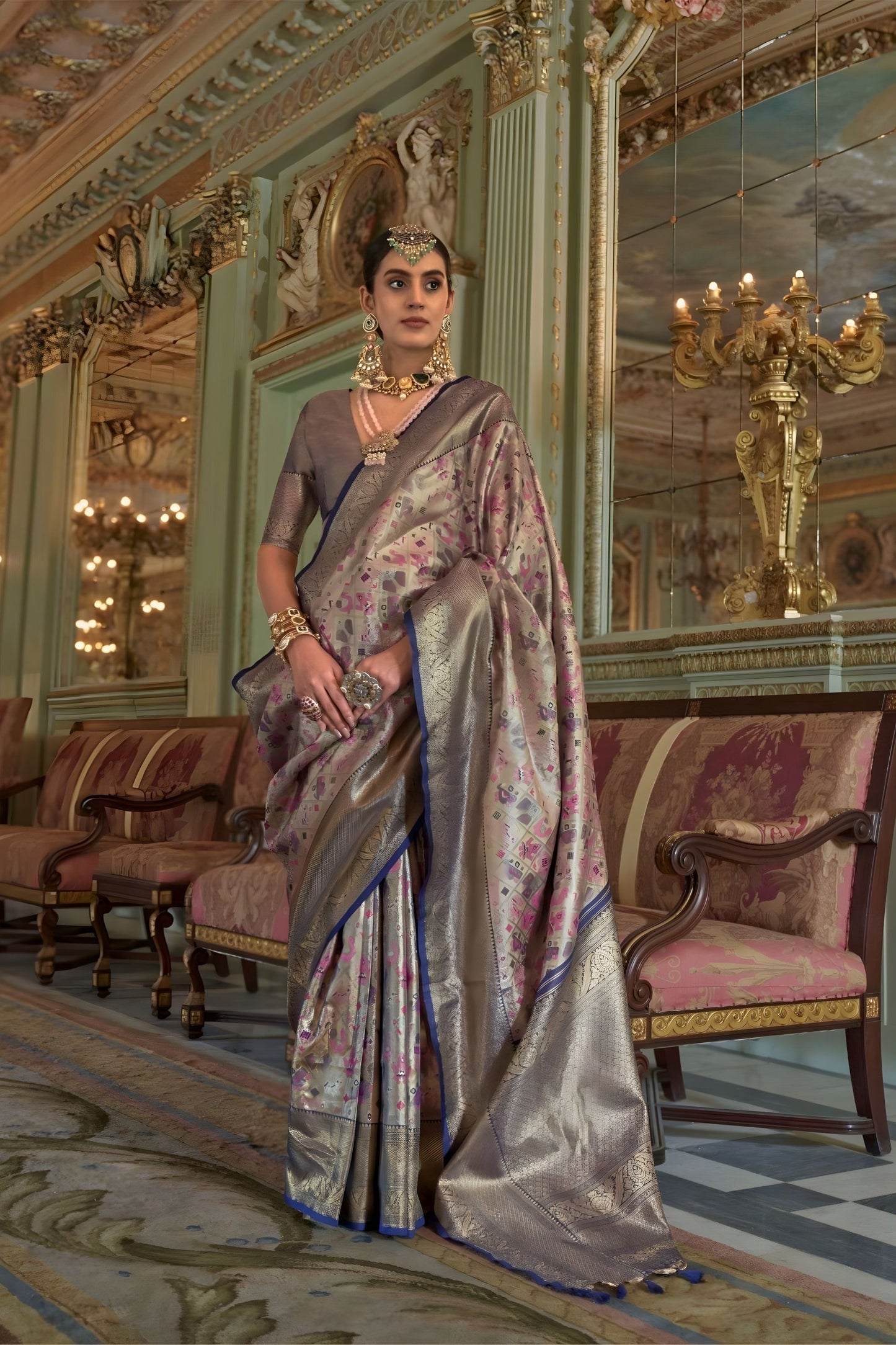 Grey Lavender Banarasi Silk Saree Floral Zari Weaving Royal Blue Border 
