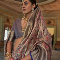 Grey Lavender Banarasi Silk Saree Floral Zari Weaving Royal Blue Border