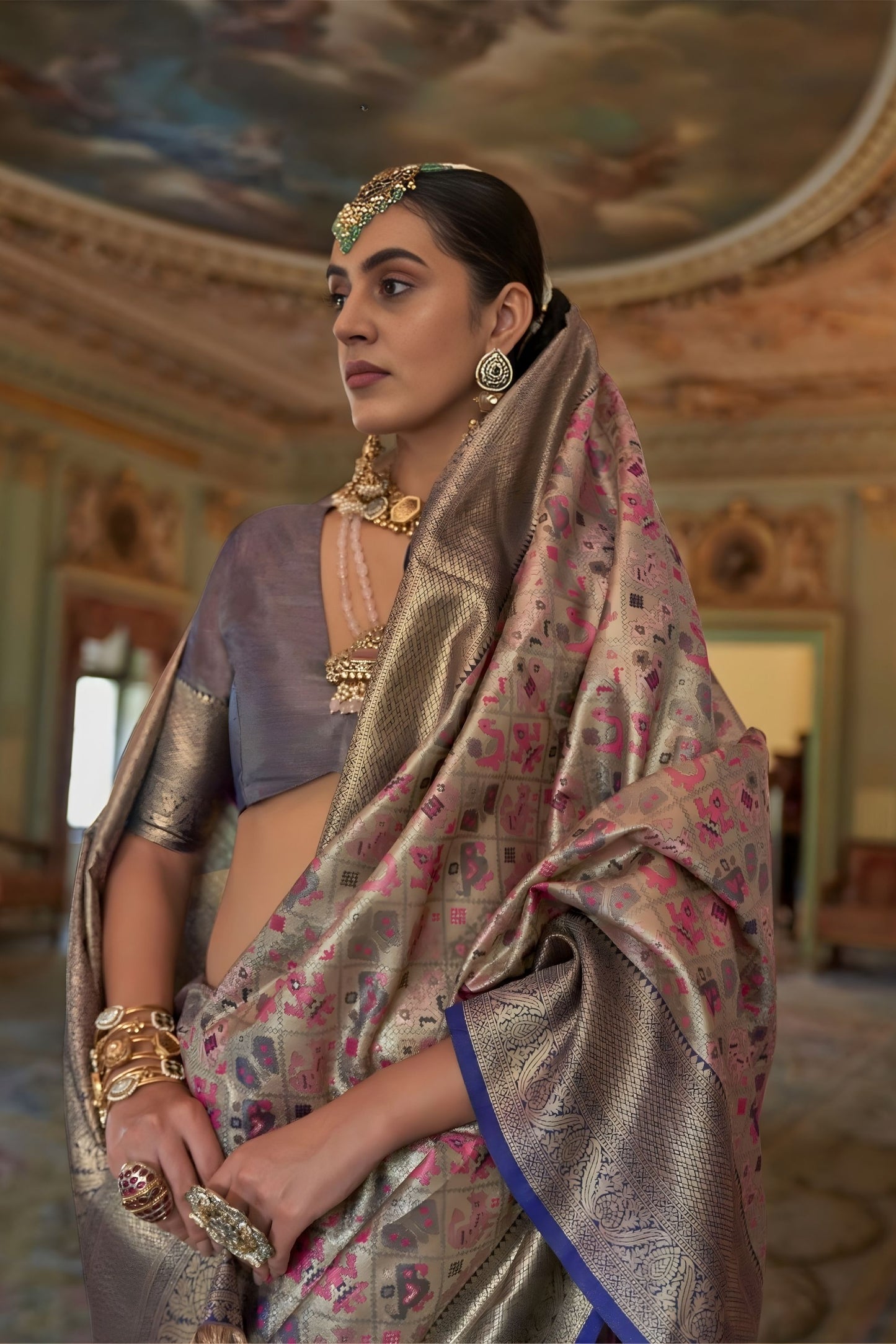 Grey Lavender Banarasi Silk Saree Floral Zari Weaving Royal Blue Border