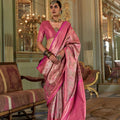 Rani Pink Banarasi Silk Saree with Floral Zari Weaving Rich Border 