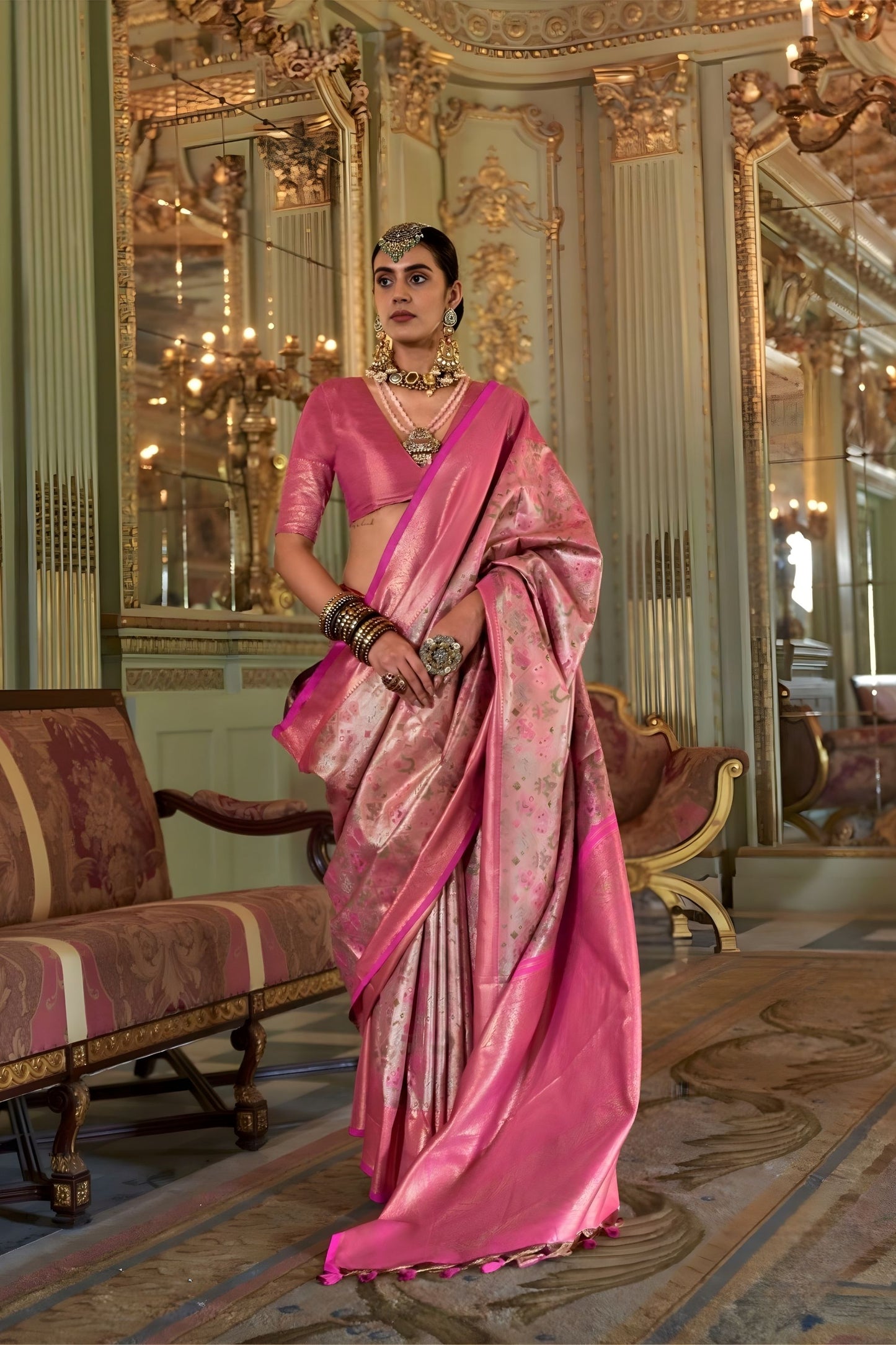 Rani Pink Banarasi Silk Saree with Floral Zari Weaving Rich Border 