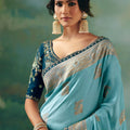 Sky Blue Embroidered Silk Saree With Designer Blouse