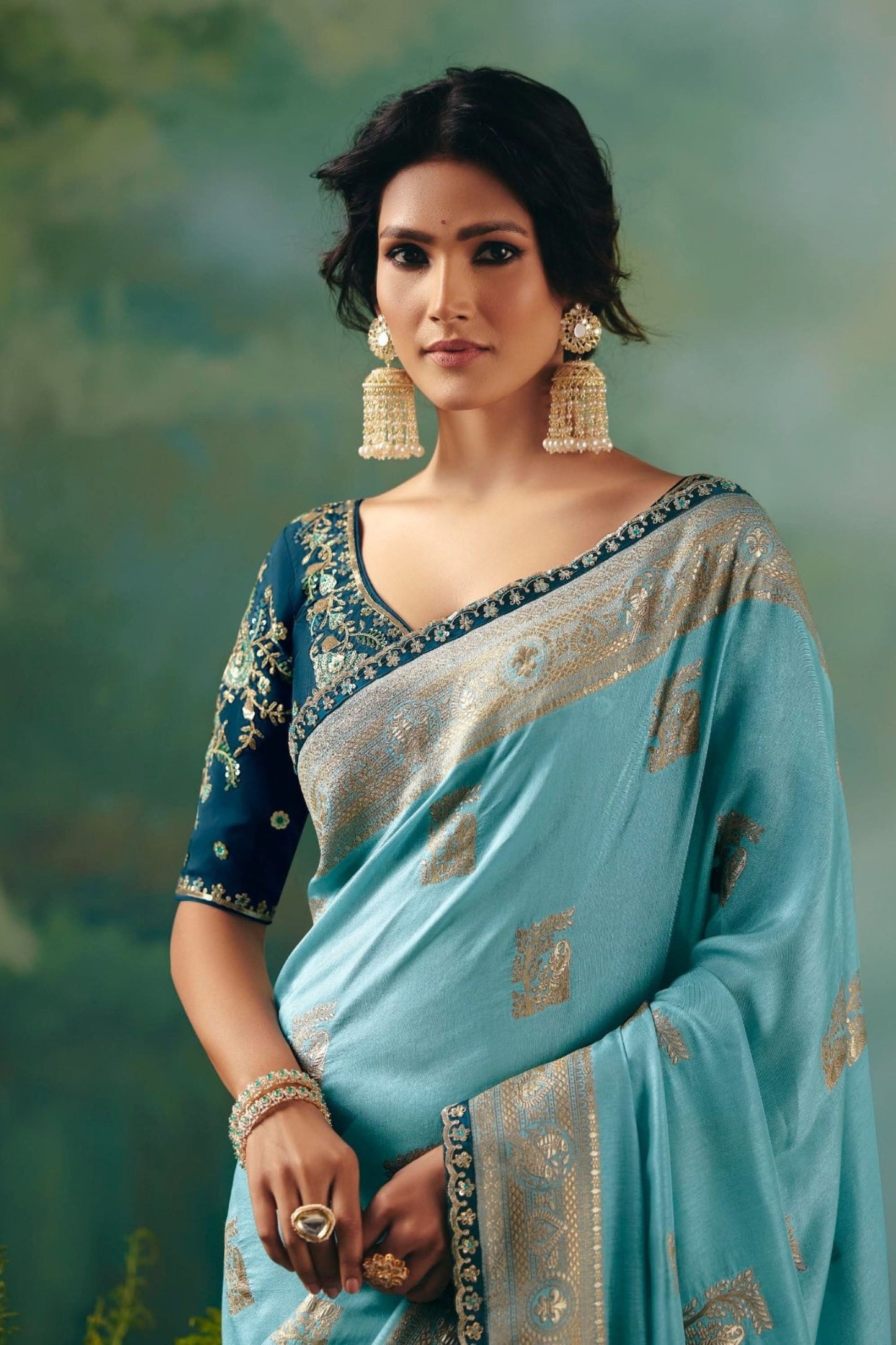 Sky Blue Embroidered Silk Saree With Designer Blouse