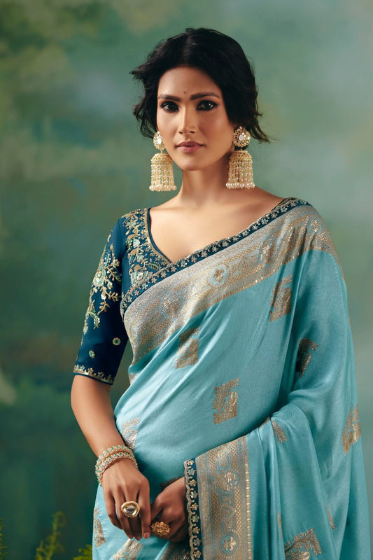 Sky Blue Embroidered Silk Saree With Designer Blouse