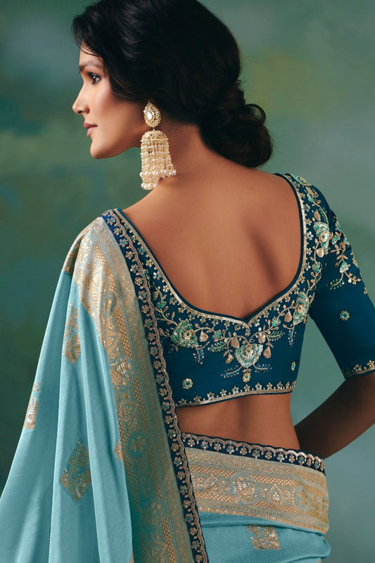 Sky Blue Embroidered Silk Saree With Designer Blouse