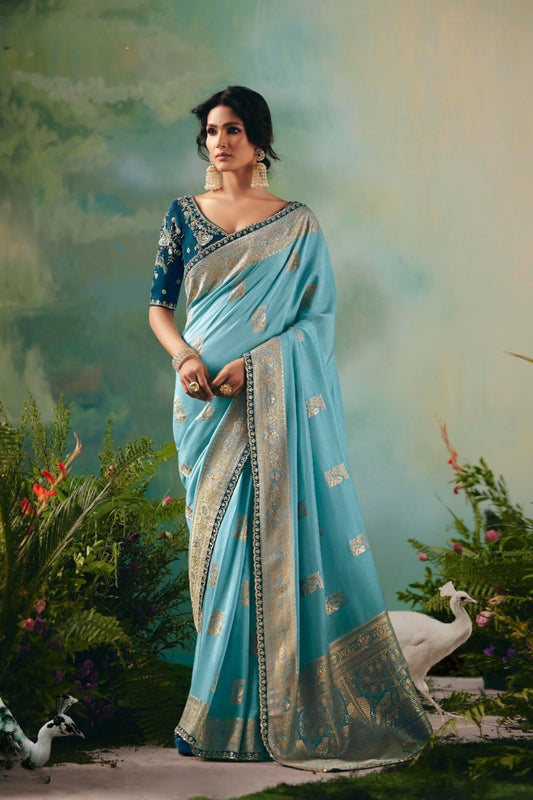 Sky Blue Embroidered Silk Saree Designer Blouse 