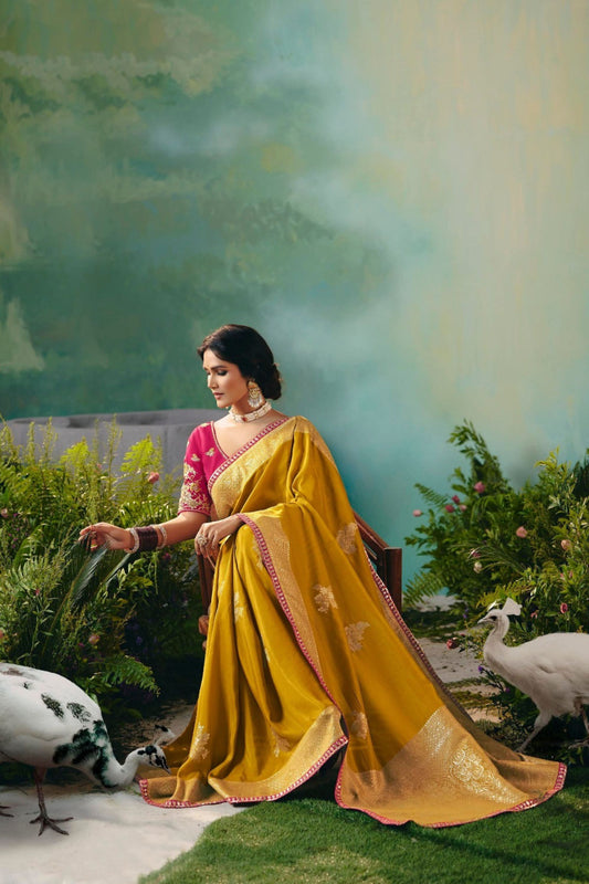 Mustard Yellow Embroidered Silk Saree With Designer Blouse