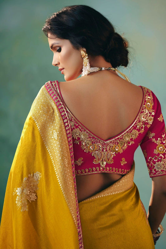 Mustard Yellow Embroidered Silk Saree With Designer Blouse