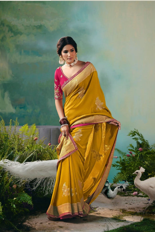 Mustard Yellow Embroidered Silk Saree With Designer Blouse