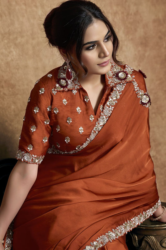 Rust Orange Satin Silk Saree Heavy Embroidered Border Designer Blouse