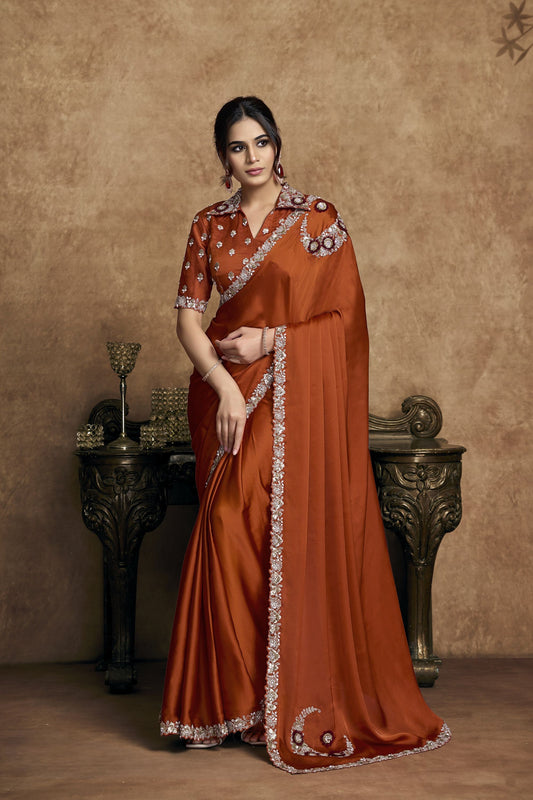  Rust Orange Satin Silk Saree Heavy Embroidered Border Designer Blouse 