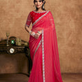 Rani Pink Georgette Saree Heavy Embroidered Border Designer Blouse