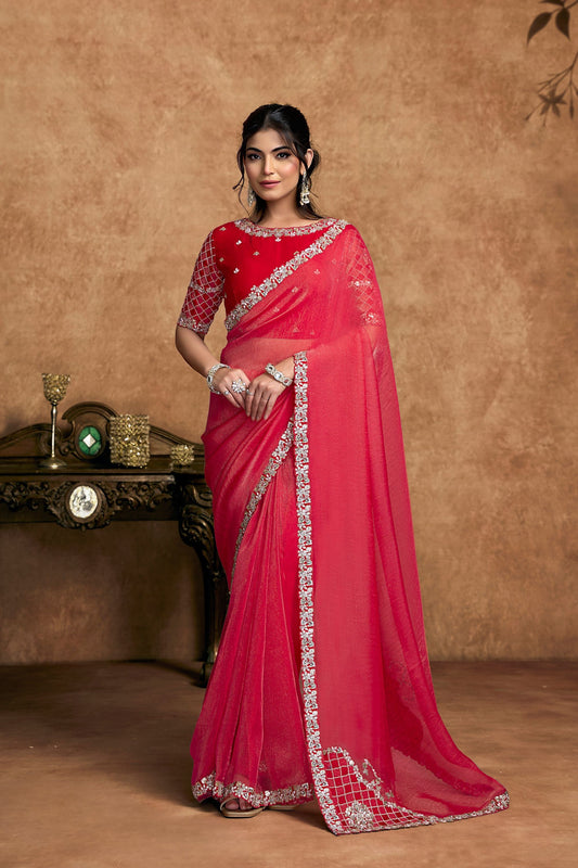 Rani Pink Georgette Saree Heavy Embroidered Border Designer Blouse