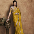 Mustard Yellow Satin Silk Saree Heavy Floral Border Designer Blouse