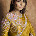 Mustard Yellow Satin Silk Saree Heavy Floral Border Designer Blouse