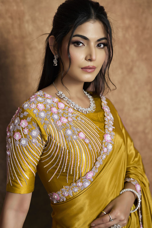 Mustard Yellow Satin Silk Saree Heavy Floral Border Designer Blouse