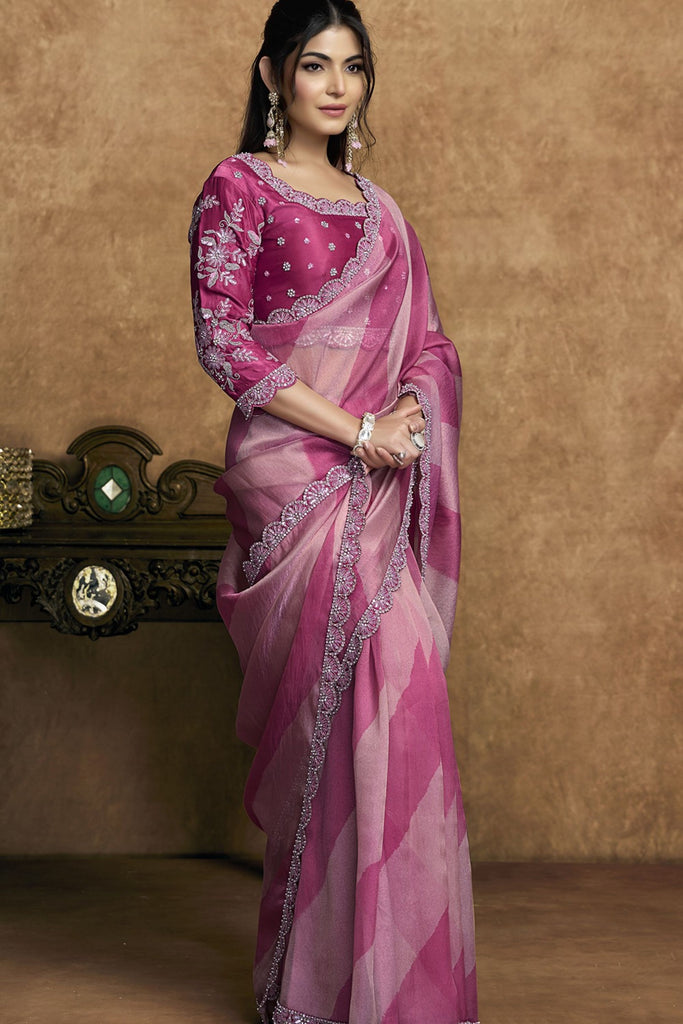 Pink Organza Silk Saree Designer Embroidered Border Blouse