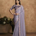 Lavender Grey Satin Silk Saree Floral Embroidered Border Designer Blouse