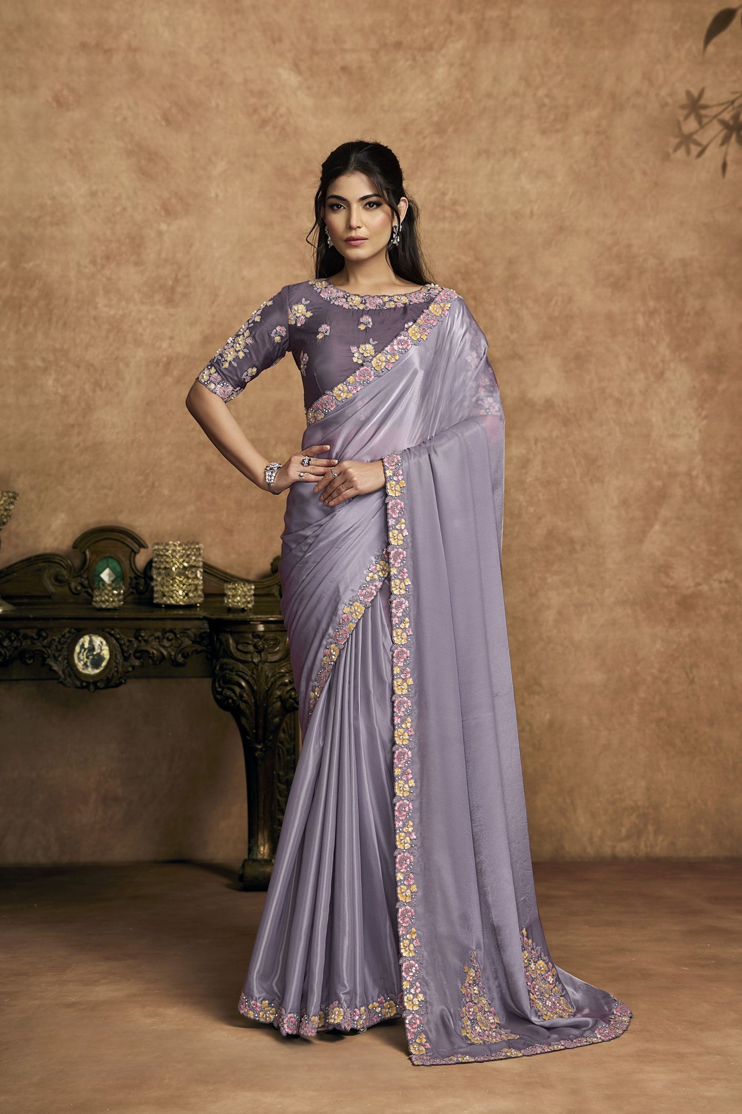 Lavender Grey Satin Silk Saree Floral Embroidered Border Designer Blouse