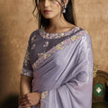 Lavender Grey Satin Silk Saree Floral Embroidered Border Designer Blouse