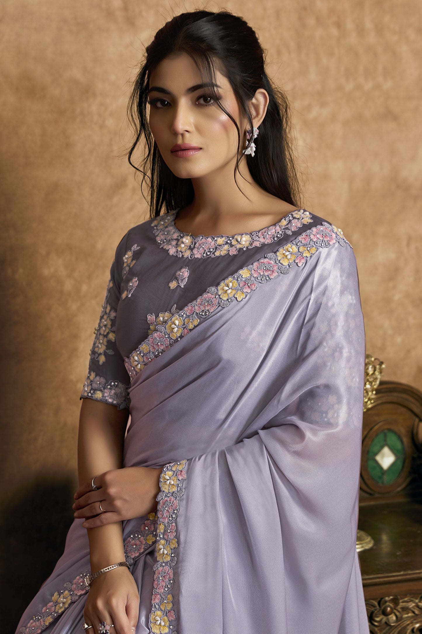 Lavender Grey Satin Silk Saree Floral Embroidered Border Designer Blouse