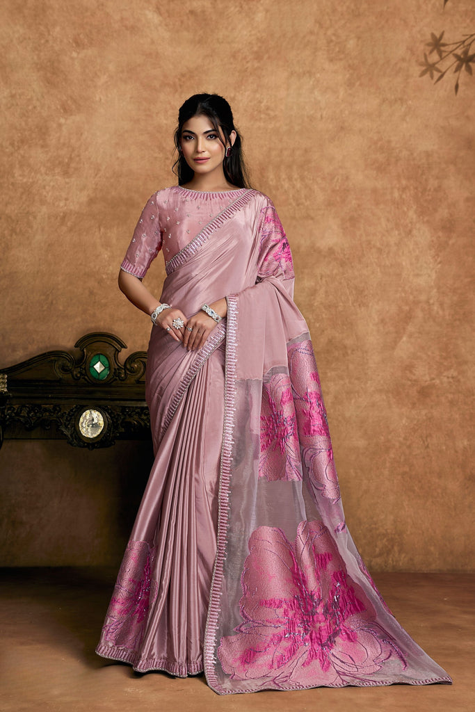  Pink Satin Silk Saree Floral Embroidered Organza Pallu Designer Blouse 