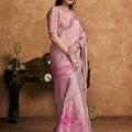 Pink Satin Silk Saree Floral Embroidered Organza Pallu Designer Blouse